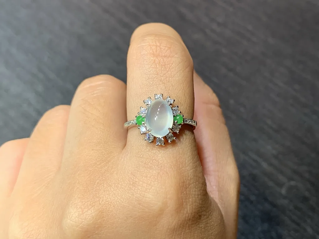 High-Icy Glowing Natural Jadeite Cabochon Ring — S925 Silver · No. 6051 (photo 5)