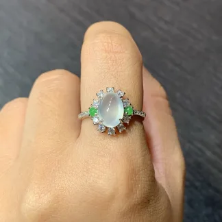 High-Icy Glowing Natural Jadeite Cabochon Ring — S925 Silver · No. 6051 (photo 5)