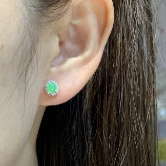 Icy Soft Green Natural Jadeite Cabochon Stud Earrings — S925 Silver · No. B103 (photo 5)