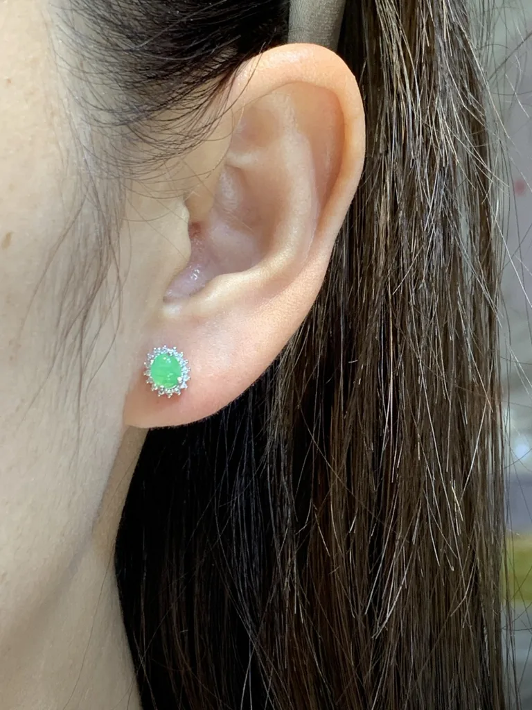 Icy Soft Green Natural Jadeite Cabochon Stud Earrings — S925 Silver · No. B103 (photo 5)