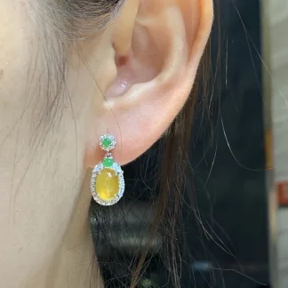 High-Icy Honey Yellow Natural Jadeite Cabochon Drop Earrings — S925 Silver · No. 734C