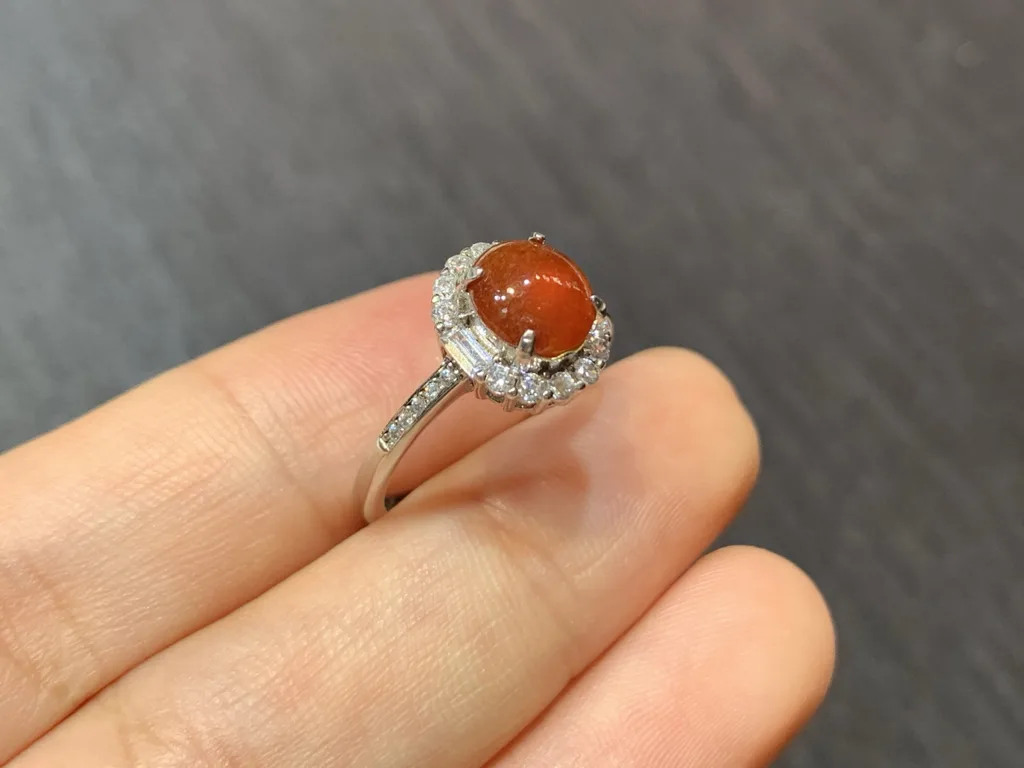 Icy Russet Red Natural Jadeite Cabochon Ring — S925 Silver · No. 5F4D (photo 4)