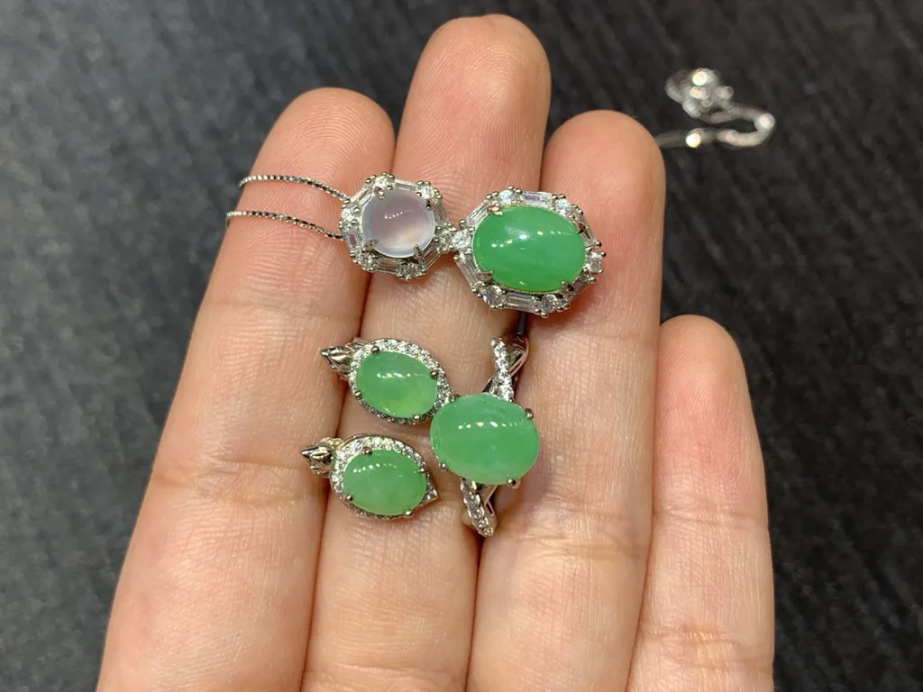 Icy Vivid Green Cabochon Natural Jadeite Three-Piece Cabochon Set — S925 Silver · No. BF1E (photo 3)