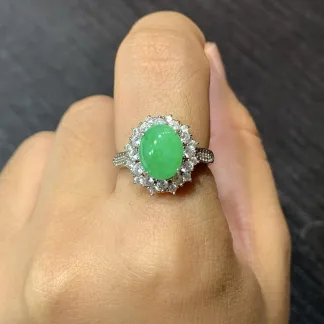 Icy Vivid Green Natural Jadeite Cabochon Ring — S925 Silver · No. D006 (photo 5)