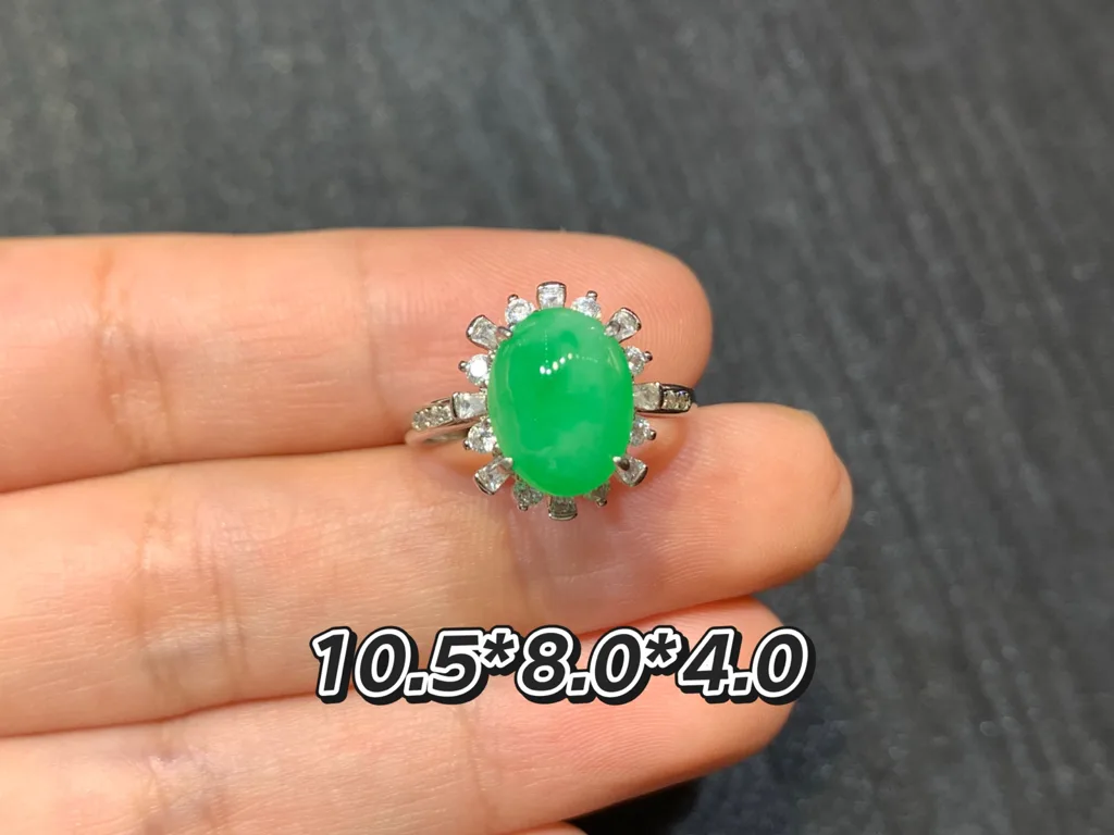 Icy Vivid Green Natural Jadeite Cabochon Ring — S925 Silver · No. D05F (photo 1)