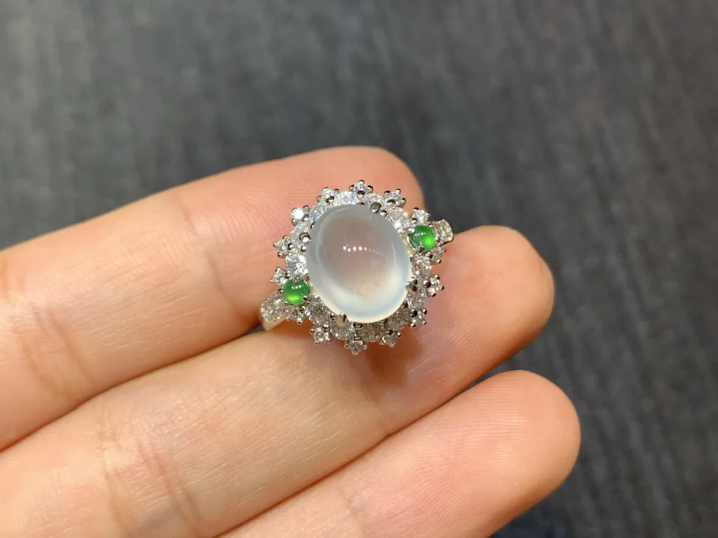 High-Icy Glowing Layered Cabochon Natural Jadeite Cabochon Ring — S925 Silver · No. 3570 (photo 2)