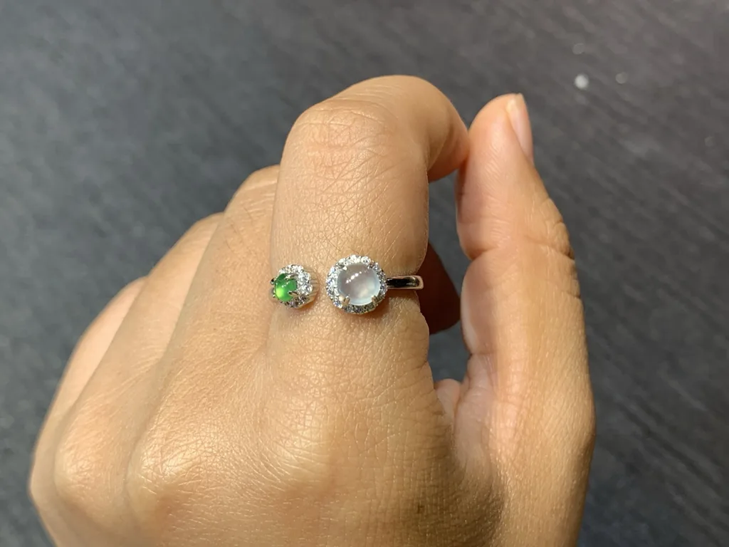 High-Icy White and Green Natural Jadeite Cabochon Ring — S925 Silver · No. 8823 (photo 5)