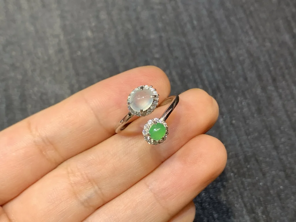 High-Icy White and Green Natural Jadeite Cabochon Ring — S925 Silver · No. 1702 (photo 2)