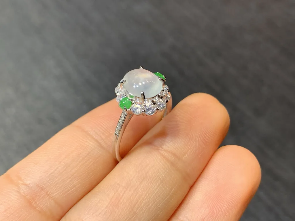 High-Icy Glowing Natural Jadeite Cabochon Ring — S925 Silver · No. 3AE2 (photo 4)