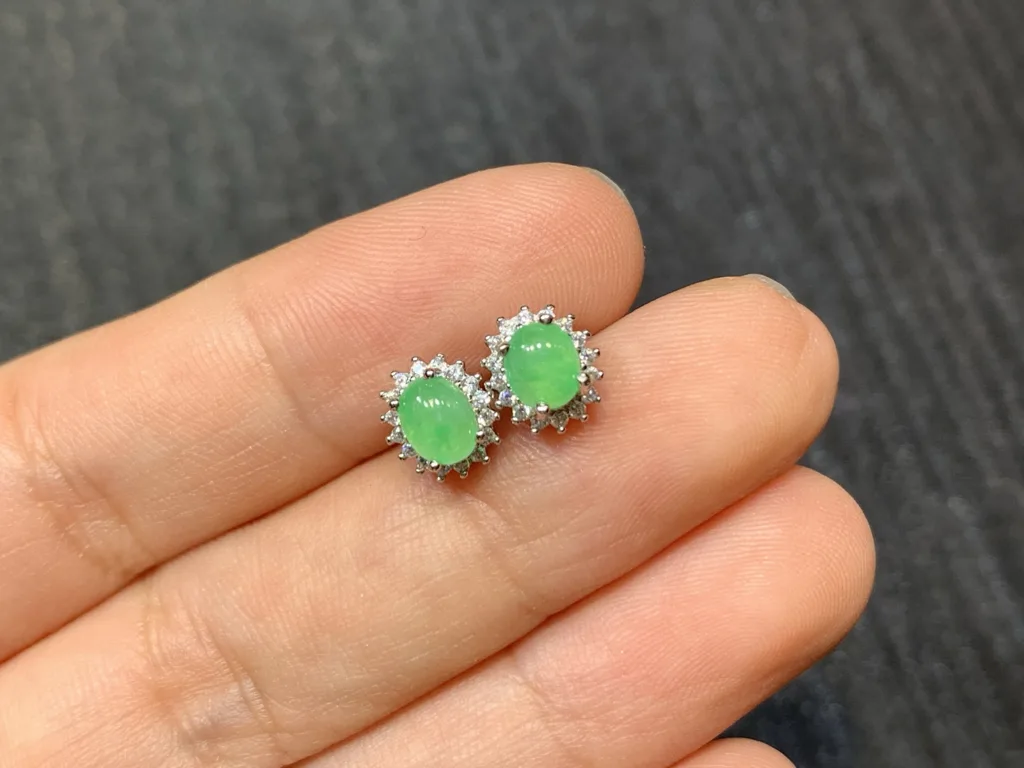 Icy Soft Green Natural Jadeite Cabochon Stud Earrings — S925 Silver · No. B103 (photo 2)