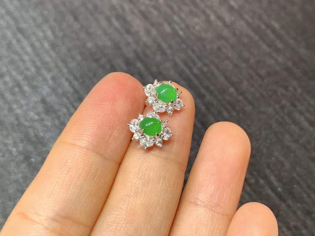 High-Icy Vivid Green Natural Jadeite Cabochon Stud Earrings — S925 Silver · No. 98F2 (photo 4)