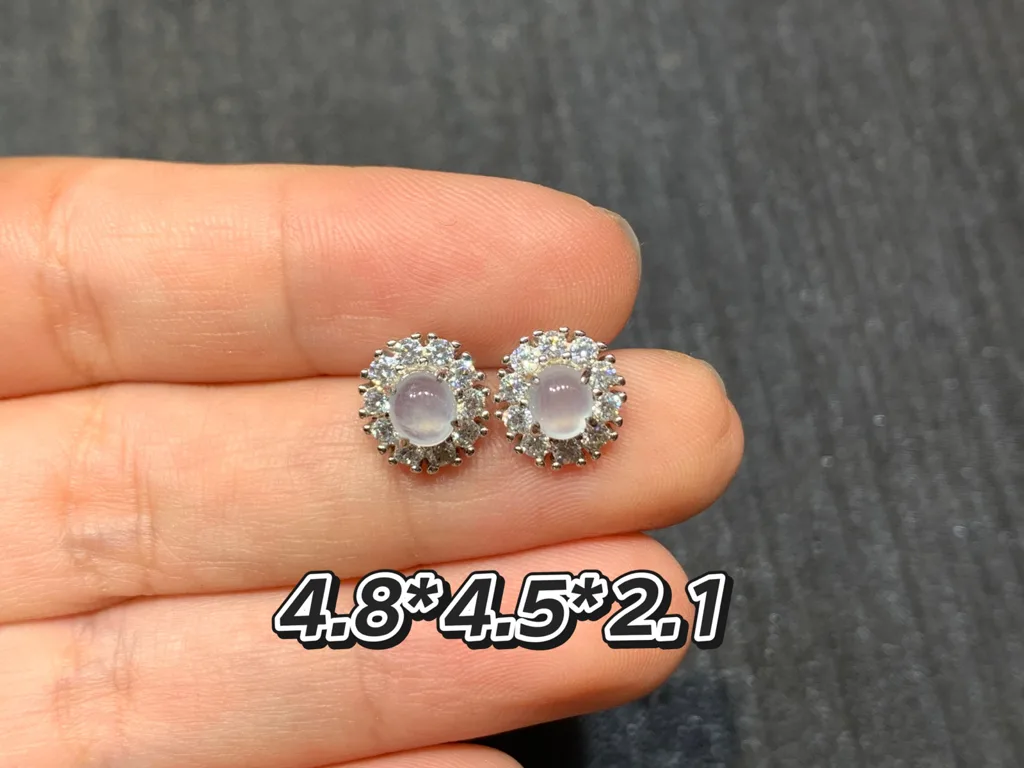 冰荧光天然翡翠蛋面耳钉 S925 银 · 编号 5520（图 1）