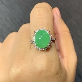 Icy Vivid-Green Natural Jadeite Cabochon Ring — S925 Silver · No. 2154