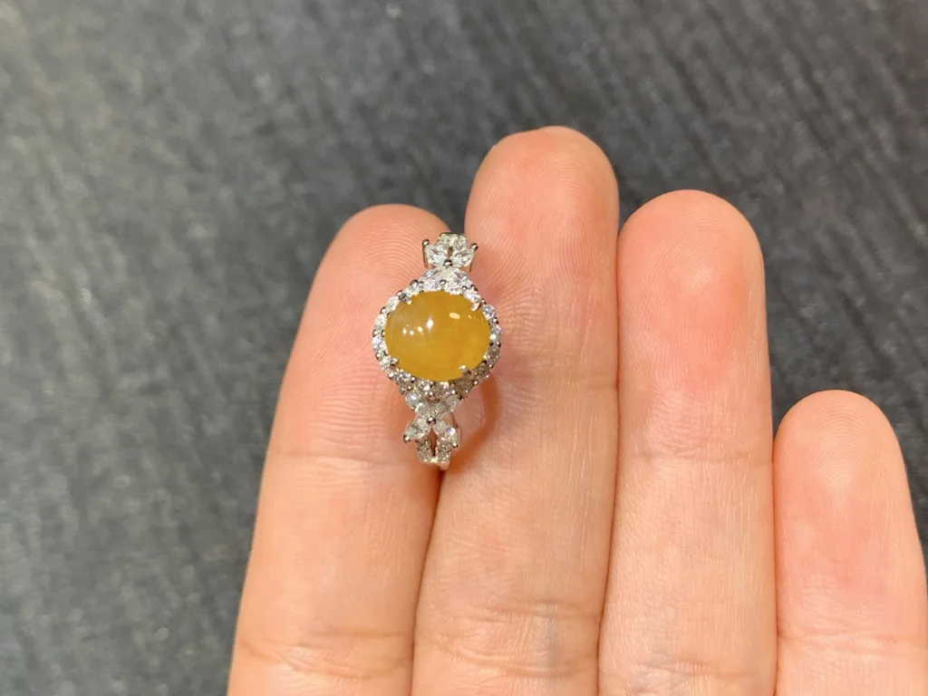 High-Icy Honey Yellow Natural Jadeite Cabochon Ring — S925 Silver · No. B710 (photo 3)