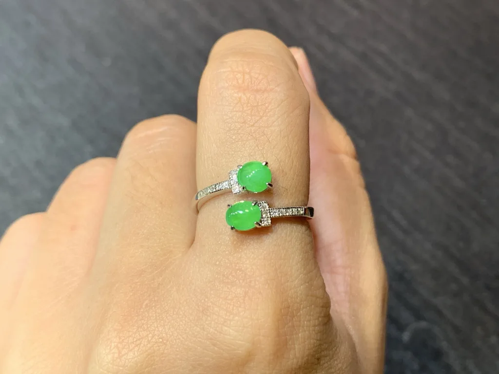 Icy Vivid Green Natural Jadeite Twin Cabochon Ring — S925 Silver · No. 46F3 (photo 5)
