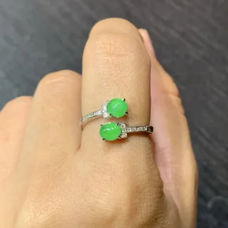 Icy Vivid Green Natural Jadeite Twin Cabochon Ring — S925 Silver · No. 46F3 (photo 5)