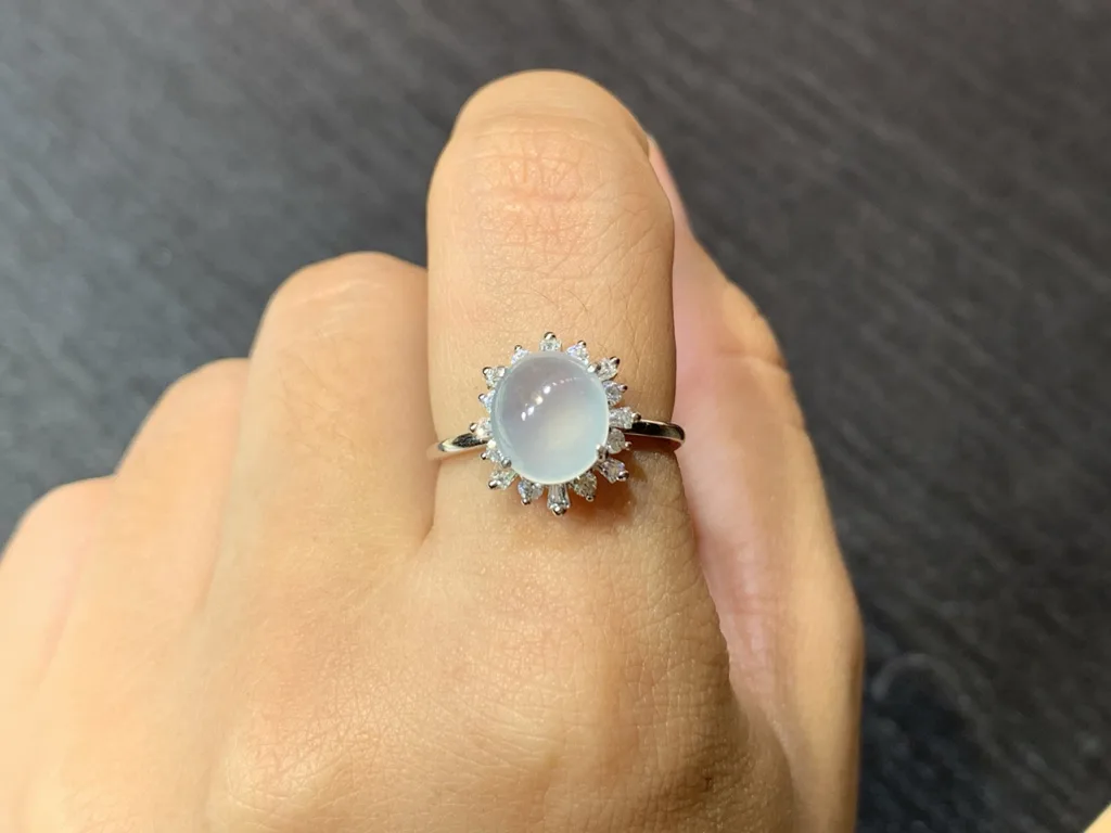High-Icy Glowing Natural Jadeite Cabochon Ring — S925 Silver · No. 3BAA (photo 5)