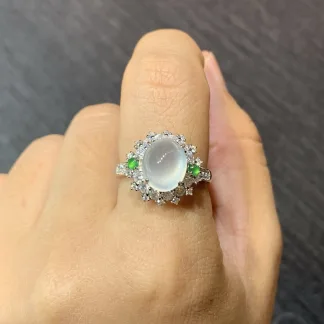 High-Icy Glowing Layered Cabochon Natural Jadeite Cabochon Ring — S925 Silver · No. 3570 (photo 5)
