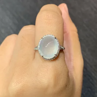 High-Icy Glowing Natural Jadeite Cabochon Ring — S925 Silver · No. 3198
