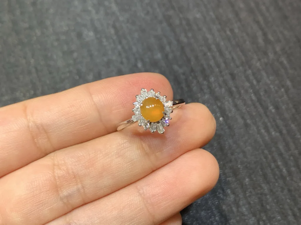 High-Icy Honey Yellow Natural Jadeite Cabochon Ring — S925 Silver · No. F1C5 (photo 2)