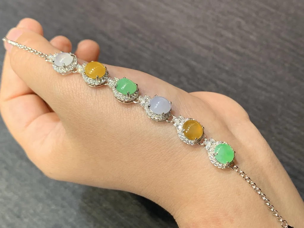 High-Icy Multicolor Natural Jadeite Cabochon Bracelet — S925 Silver · No. 42B9 (photo 2)