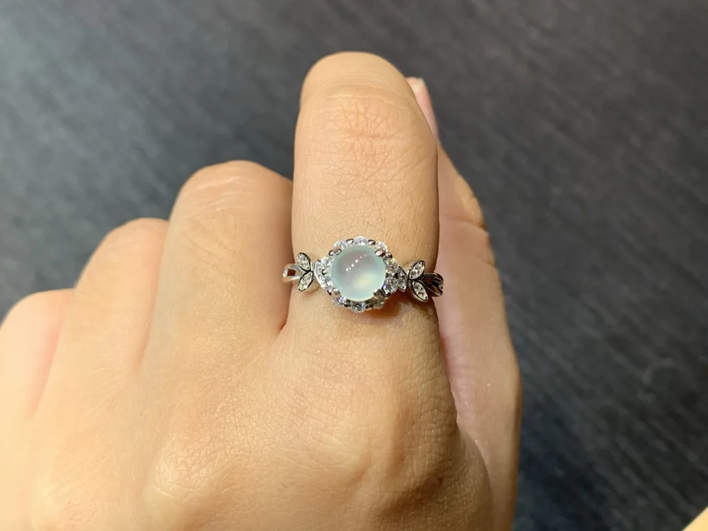 High-Icy Glowing Natural Jadeite Cabochon Ring — S925 Silver · No. D6DC (photo 5)