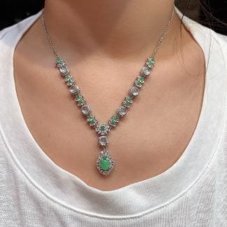 High-Icy Glowing White-and-Green Cabochon Necklace — S925 Silver