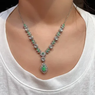 High-Icy Glowing White-and-Green Natural Jadeite Cabochon Necklace — S925 Silver · No. 5E08