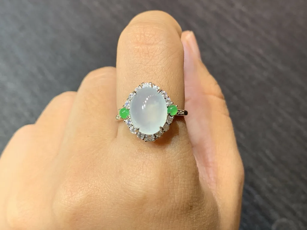High-Icy Glowing Natural Jadeite Cabochon Ring — S925 Silver · No. 96B6 (photo 5)