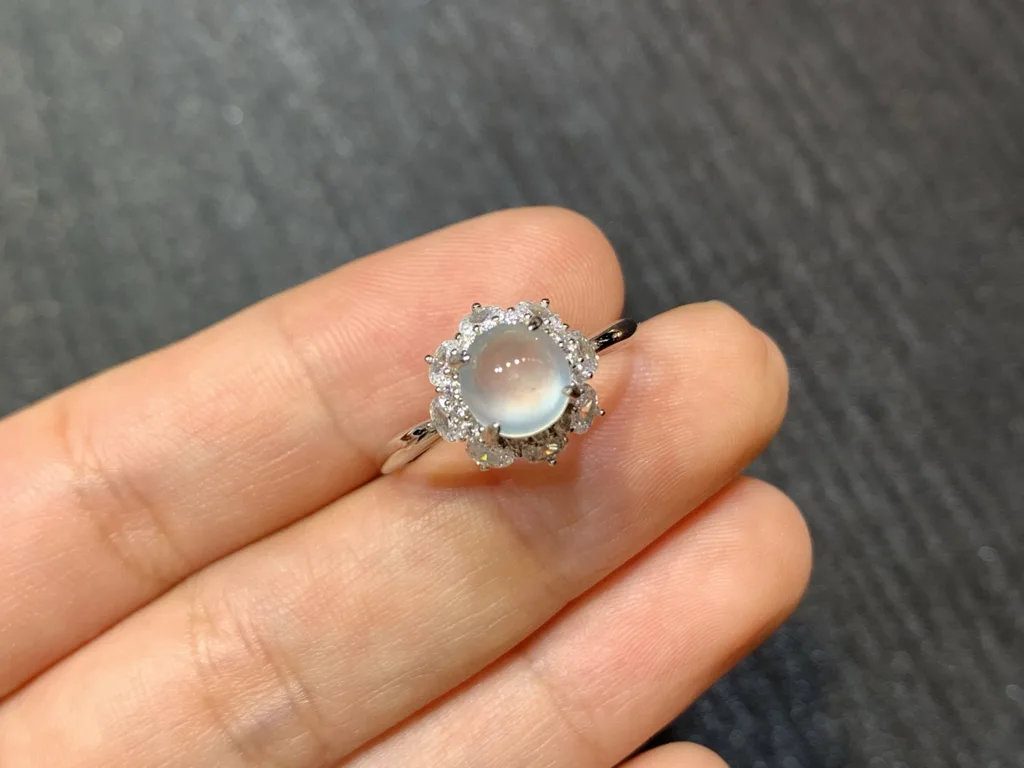 High-Icy Radiant Cabochon Natural Jadeite Cabochon Ring — S925 Silver · No. 7E0B (photo 2)