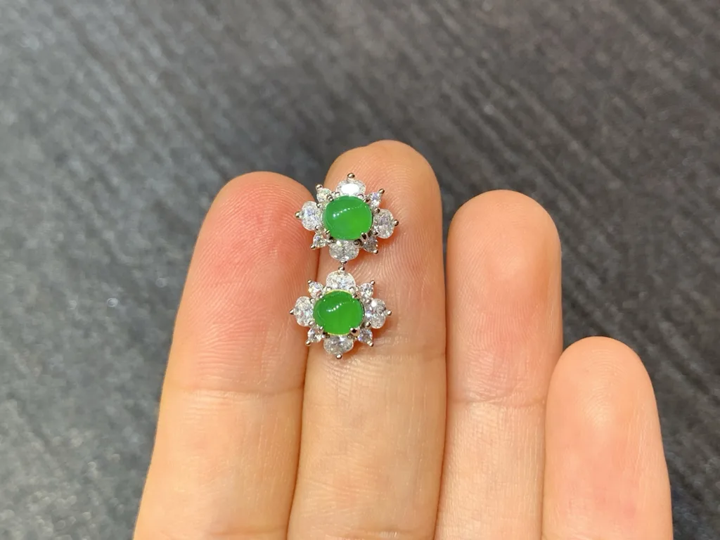 High-Icy Vivid Green Natural Jadeite Cabochon Stud Earrings — S925 Silver · No. 98F2 (photo 3)