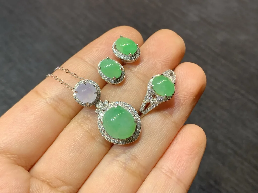Full Green Natural Jadeite Cabochon Set — S925 Silver · No. A082 (photo 4)
