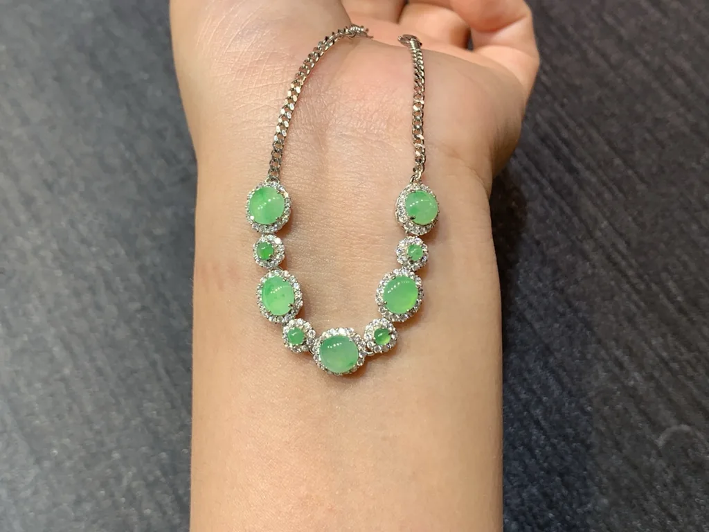 High-Icy Clear Green Natural Jadeite Cabochon Bracelet — S925 Silver · No. C49F (photo 3)