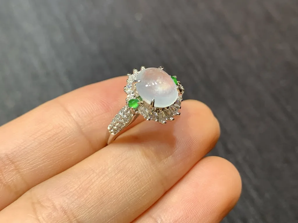 High-Icy Glowing Natural Jadeite Cabochon Ring — S925 Silver · No. A8B5 (photo 4)