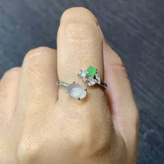 High-Icy Glowing White and Green Natural Jadeite Cabochon Ring — S925 Silver · No. F824 (photo 5)