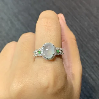 High-Icy Glowing Natural Jadeite Cabochon Ring — S925 Silver · No. 14AC