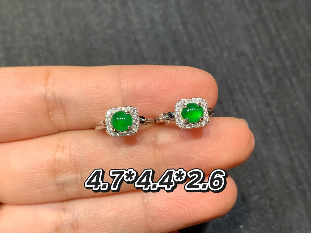 High-Icy Intense Vivid Green Natural Jadeite Cabochon Huggie Earrings — S925 Silver · No. D697 (photo 1)