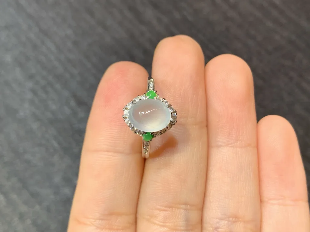 High-Icy Glowing Natural Jadeite Cabochon Ring — S925 Silver · No. EEED (photo 3)