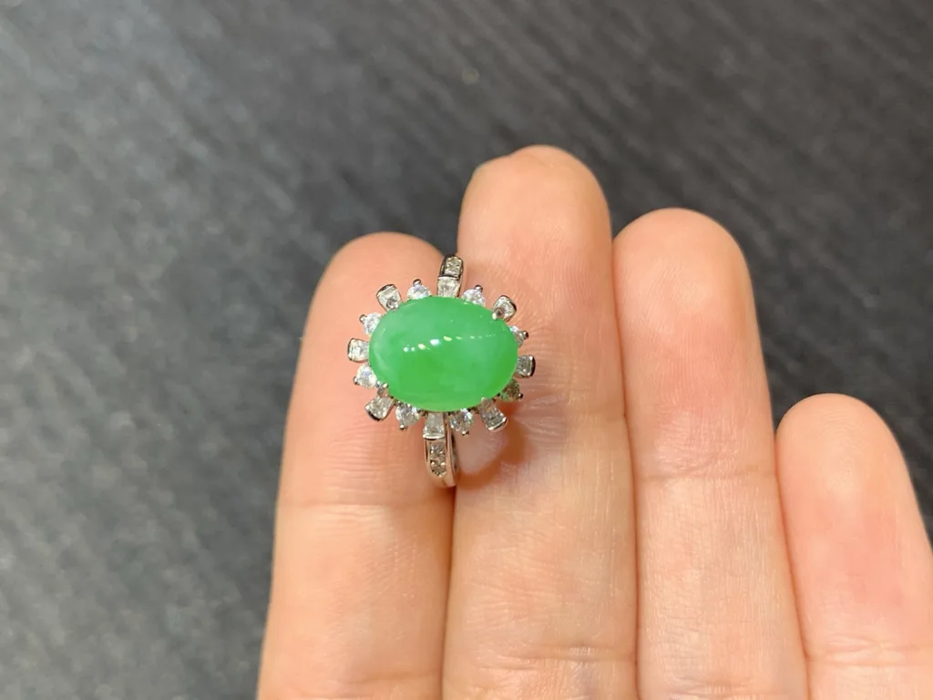 Icy Vivid Green Natural Jadeite Cabochon Ring — S925 Silver · No. D05F (photo 3)
