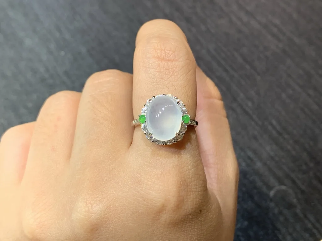 High-Icy Glowing Natural Jadeite Cabochon Ring — S925 Silver · No. 8EA1 (photo 5)