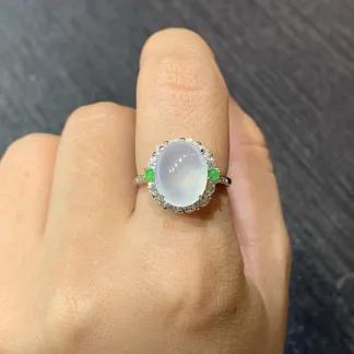 High-Icy Glowing Natural Jadeite Cabochon Ring — S925 Silver · No. 8EA1 (photo 5)