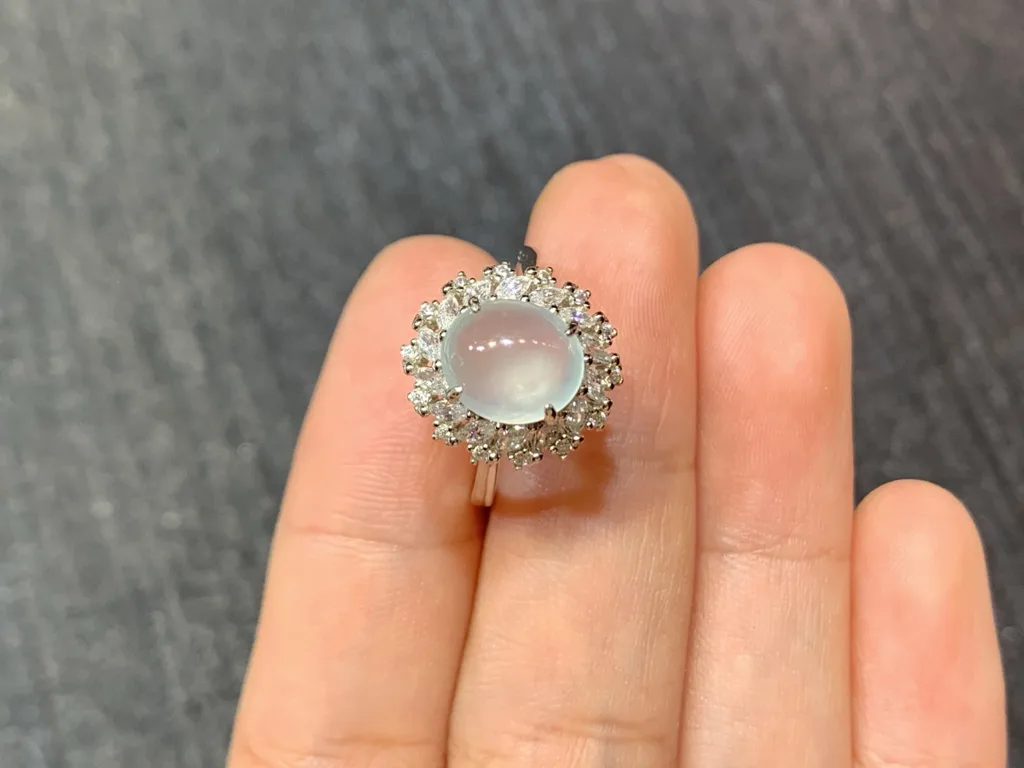 High-Icy Glowing Natural Jadeite Cabochon Ring — S925 Silver · No. CAAA (photo 3)