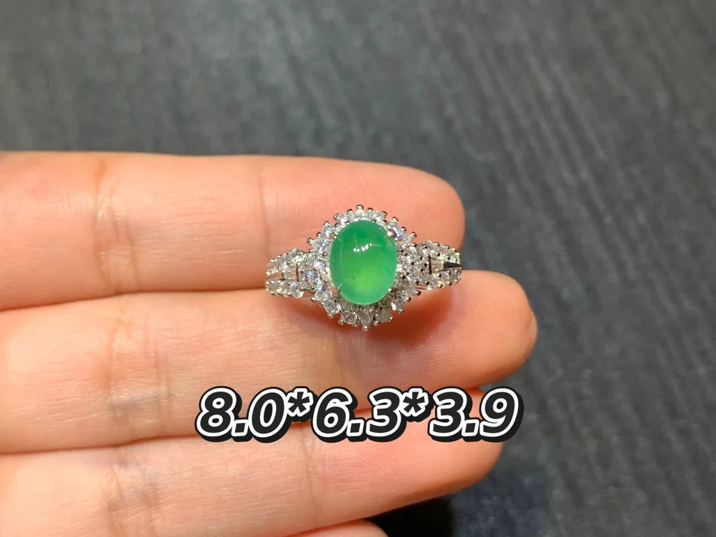 High-Icy Glowing Green Natural Jadeite Cabochon Ring — S925 Silver · No. 96D7 (photo 1)