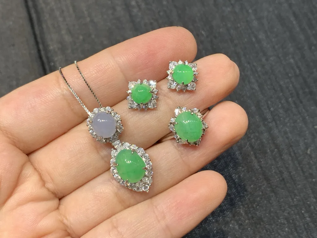Icy Vivid Green Cabochon Natural Jadeite Three-Piece Cabochon Set — S925 Silver · No. 9C6C (photo 2)