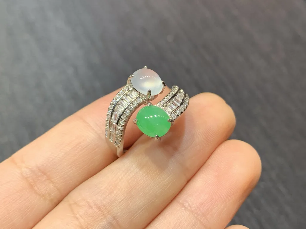 High-Icy Glowing White and Green Natural Jadeite Cabochon Ring — S925 Silver · No. C1E3 (photo 4)