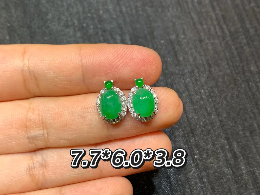 Icy Vivid Green Natural Jadeite Cabochon Stud Earrings — S925 Silver · No. 5A5A (photo 1)