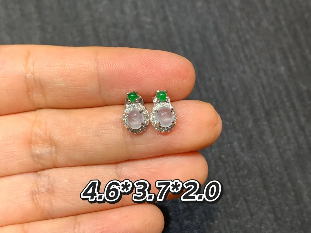 High-Icy Glowing Natural Jadeite Cabochon Stud Earrings — S925 Silver · No. 93C6 (photo 1)