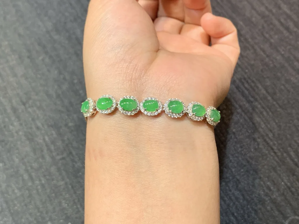 Icy Vivid Green Natural Jadeite Cabochon Bracelet — S925 Silver · No. 0C61 (photo 4)