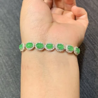 Icy Vivid Green Natural Jadeite Cabochon Bracelet — S925 Silver · No. 0C61 (photo 4)