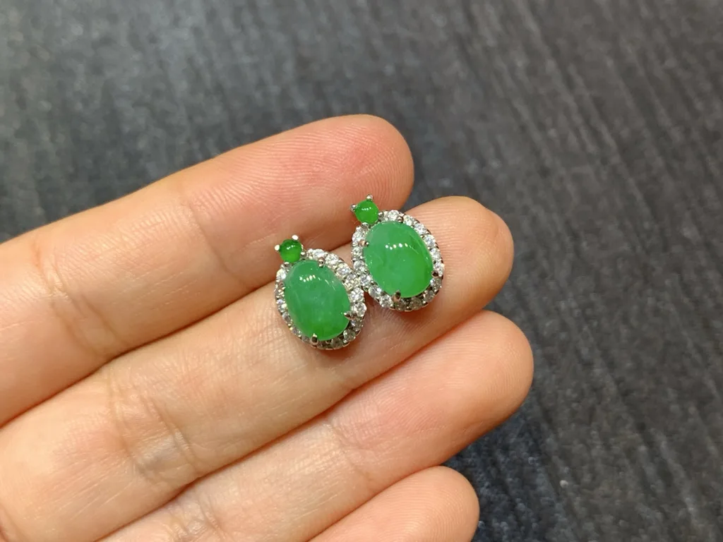 Icy Vivid Green Natural Jadeite Cabochon Stud Earrings — S925 Silver · No. 5A5A (photo 2)